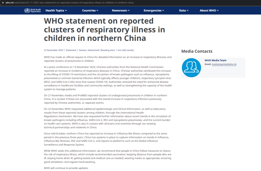 WHO statement on Pneumonia outbreak in China